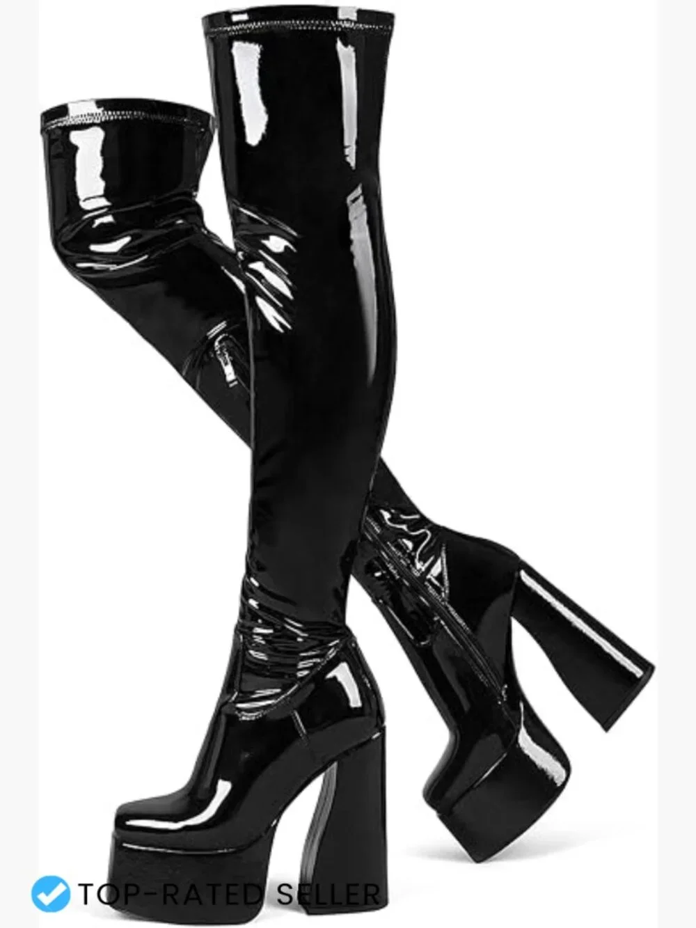 Platform Thigh High Boots Chunky Block Heel Over The Knee Stretch Square Toe